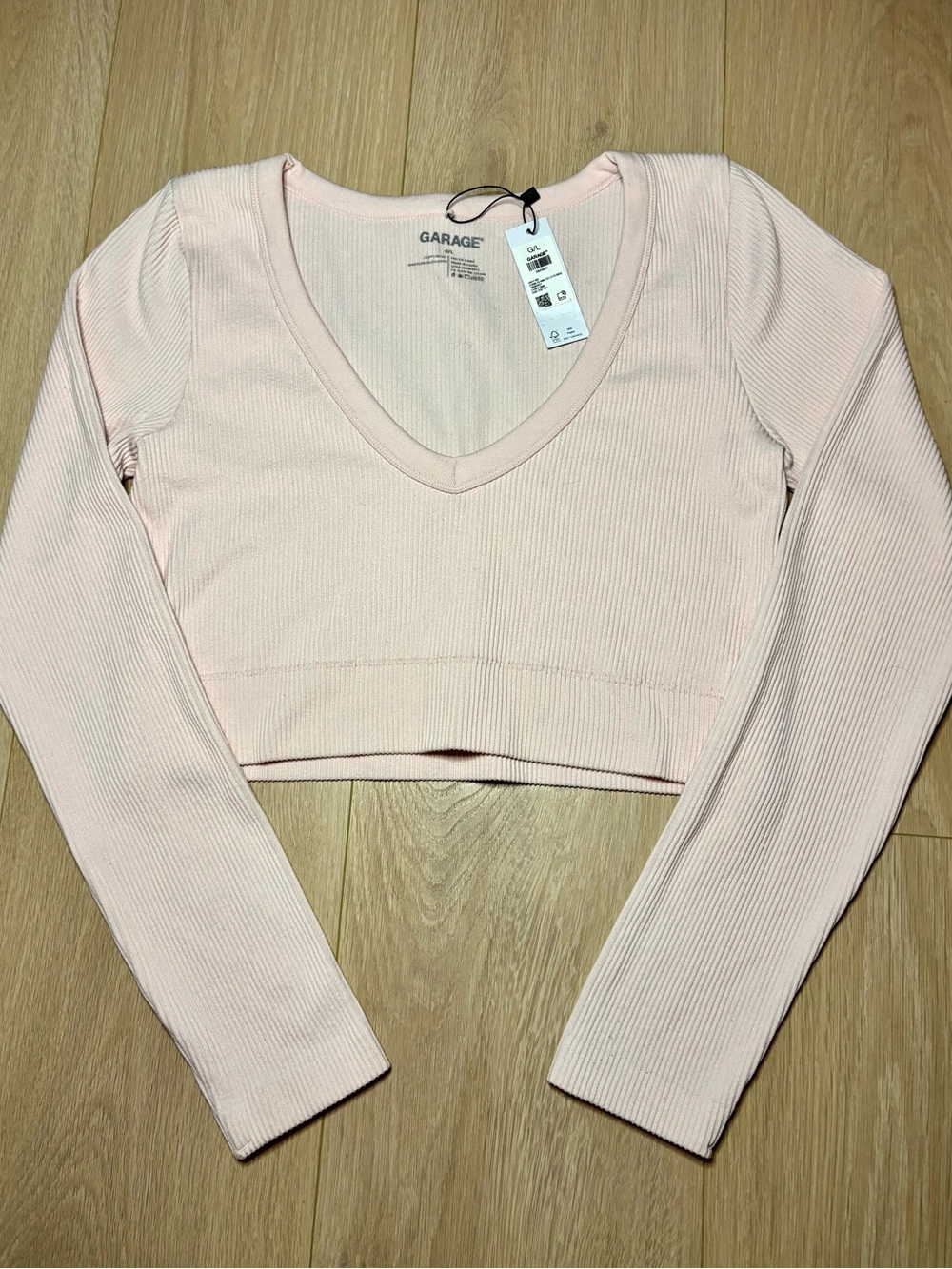 Garage Pale Pink Ribbed V-Neck Long Sleeve Crop Top